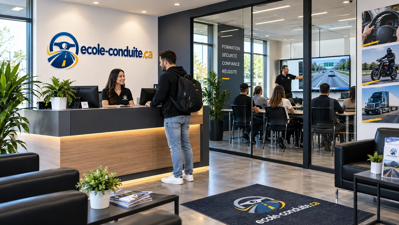 Accueil et salle de cours d'une école de conduite