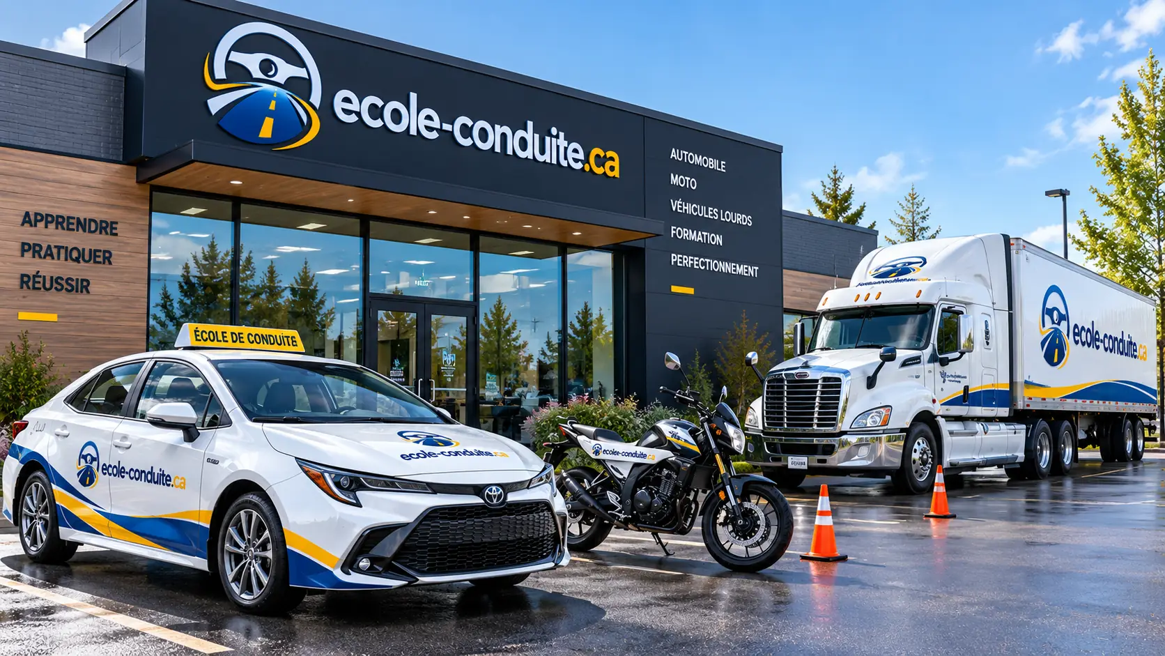 Véhicules-école, moto et camion devant une école de conduite